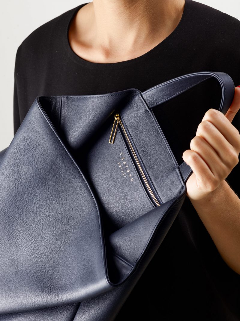 FLUKE tote bag in navy blue calfskin leather | TSATSAS
