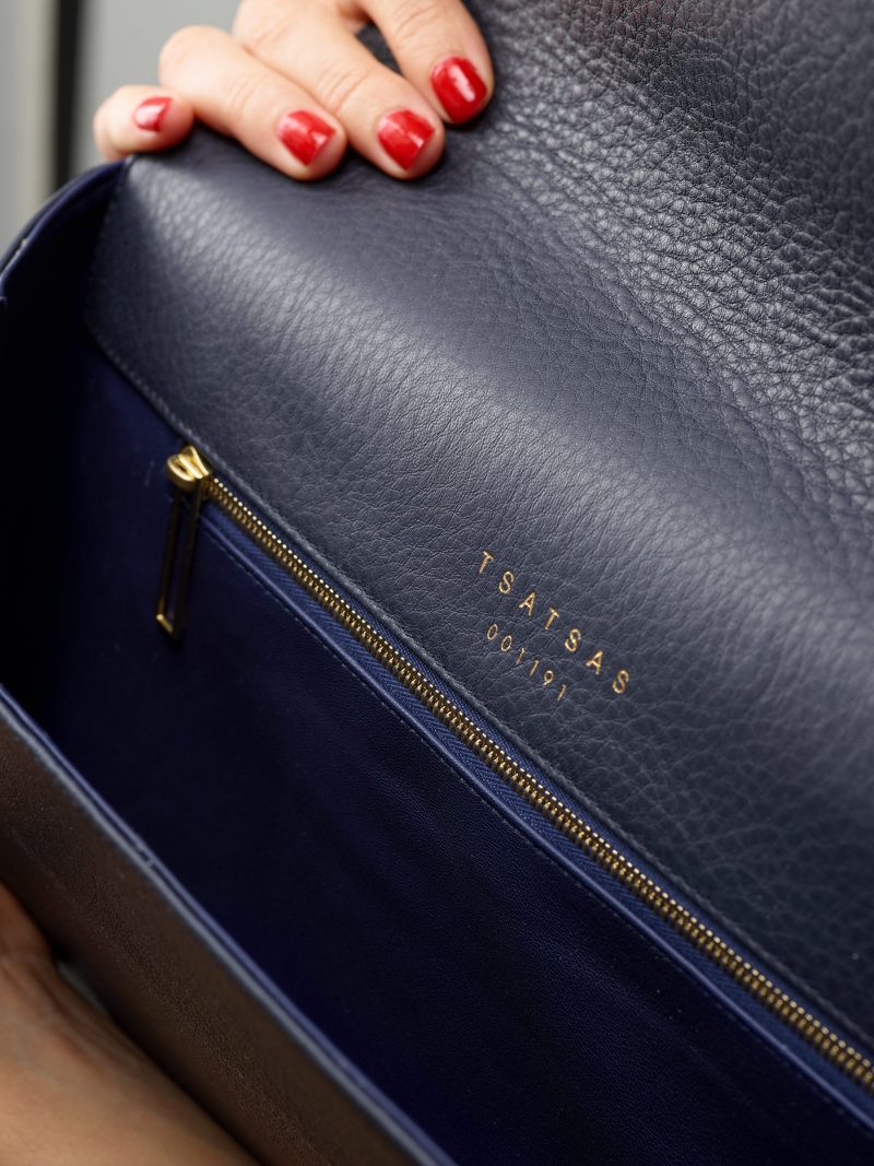 HAZE clutch bag in navy blue calfskin leather | TSATSAS