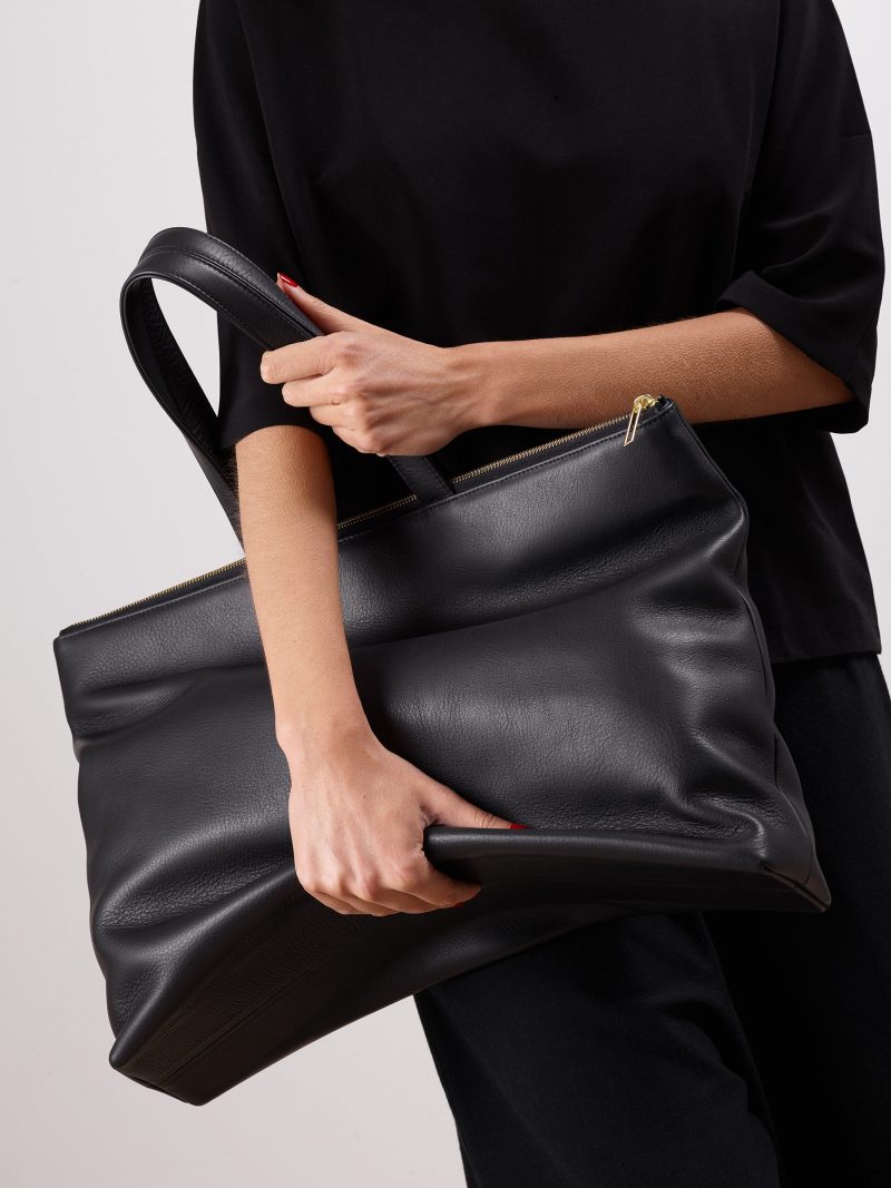 LUCID NINETY L tote bag in black calfskin leather | TSATSAS
