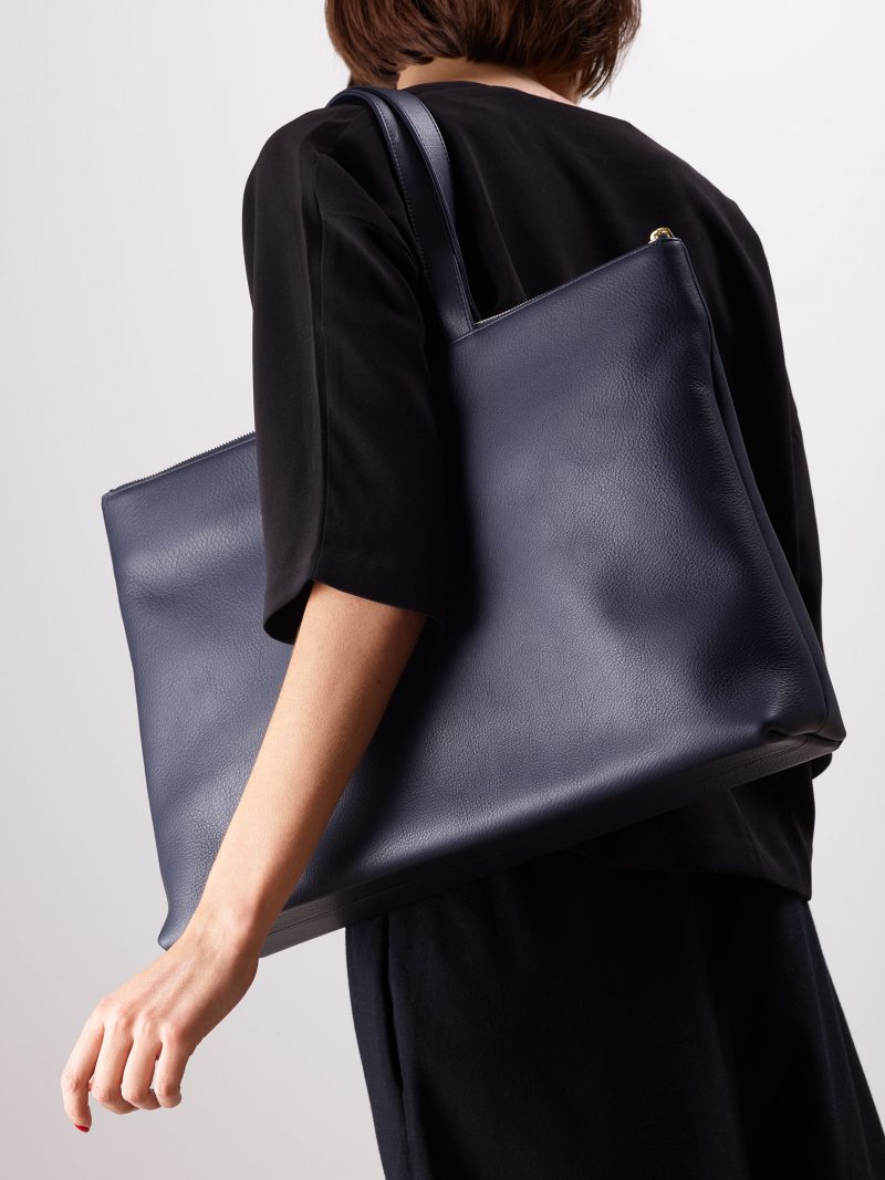 LUCID NINETY L tote bag in navy blue calfskin leather | TSATSAS