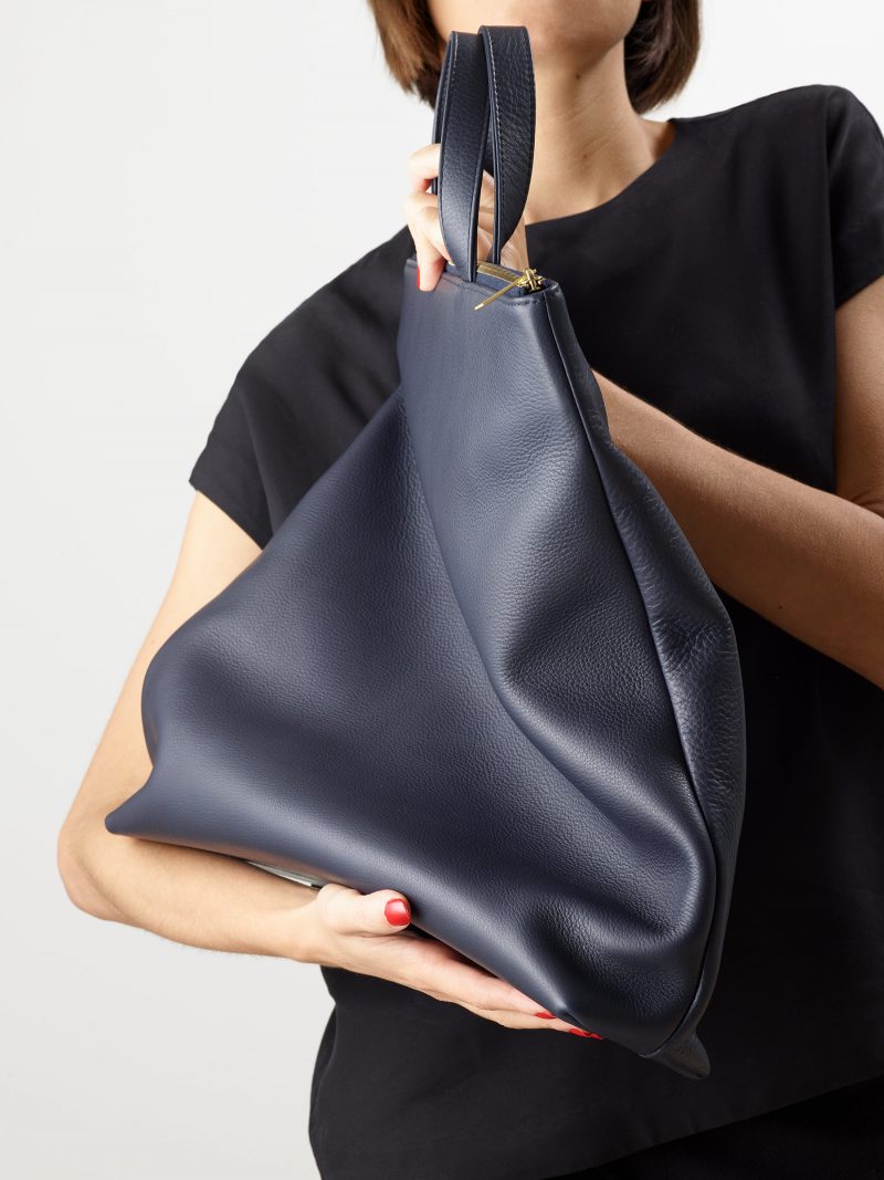LUCID tote bag in navy blue calfskin leather | TSATSAS