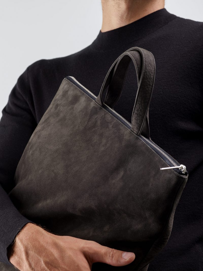 LUCID tote bag in black grey nubuck leather | TSATSAS