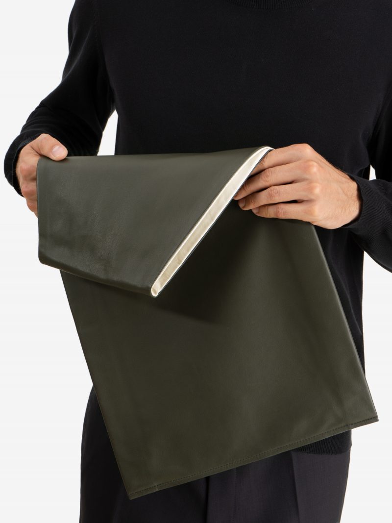 LATO tote bag in fir green lamb nappa leather with contrasting lining in off-white | TSATSAS