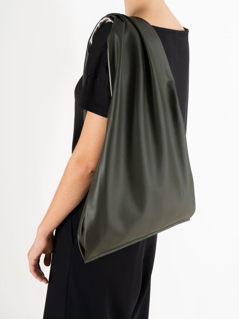 LATO tote bag in fir green lamb nappa leather with contrasting lining in off-white | TSATSAS