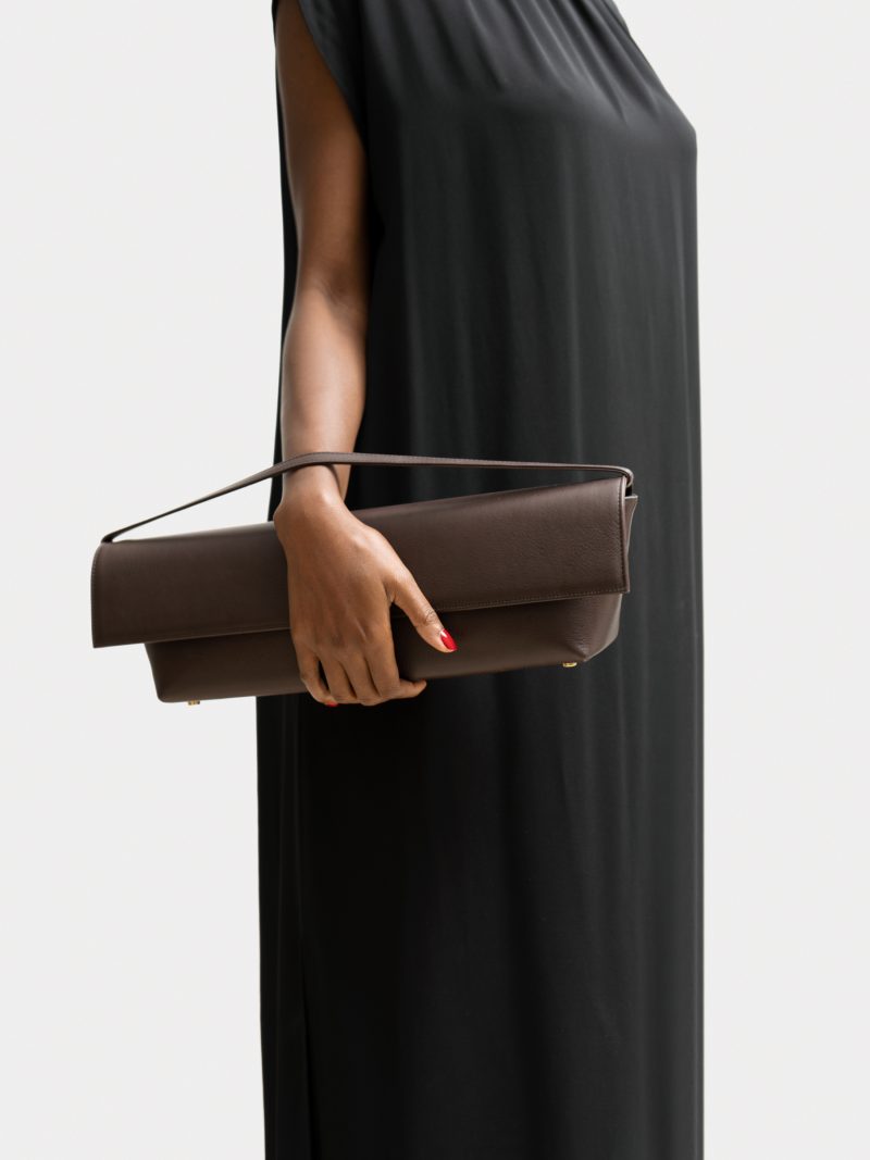 KIRAT shoulder bag in dark brown calfskin leather | TSATSAS