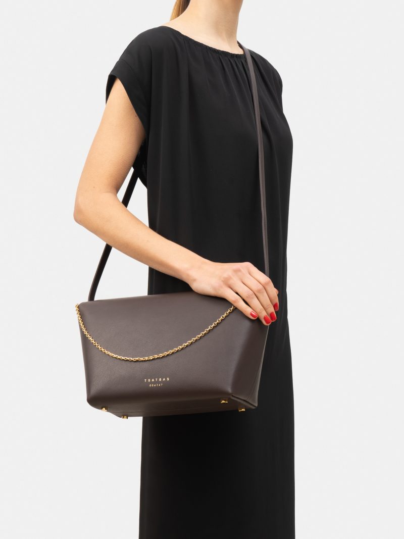 OLIVE L shoulder bag in dark brown calfskin leather | TSATSAS
