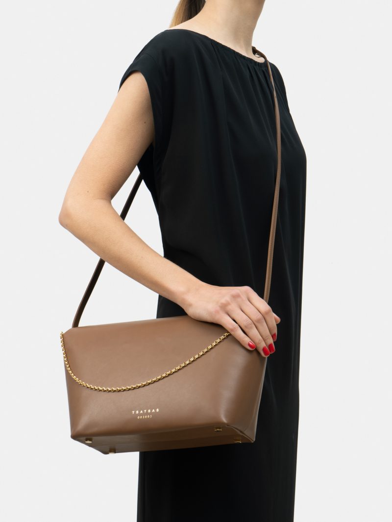 OLIVE L shoulder bag in fawn brown calfskin leather | TSATSAS
