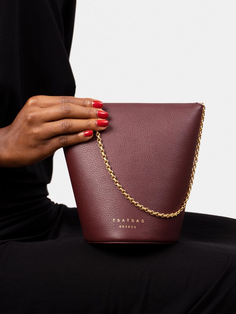 OLIVE shoulder bag in burgundy calfskin leather | TSATSAS