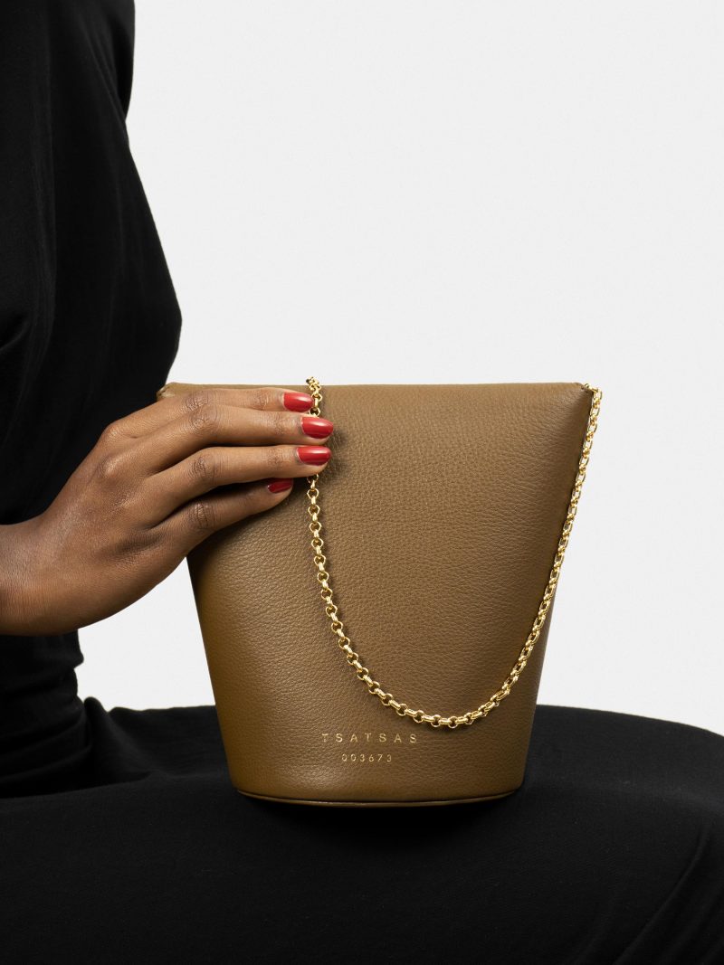 OLIVE shoulder bag in olive brown calfskin leather | TSATSAS