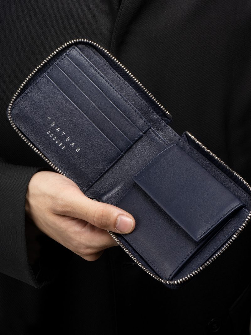 KOBO 1 wallet in navy blue calfskin leather | TSATSAS