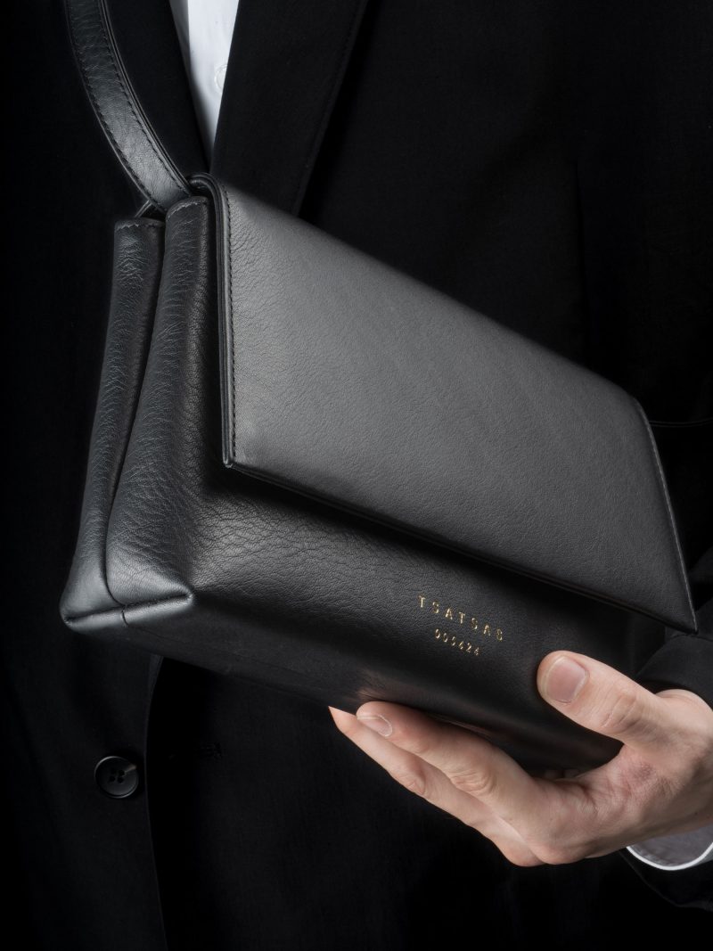 AMOS shoulder bag in black calfskin leather | TSATSAS