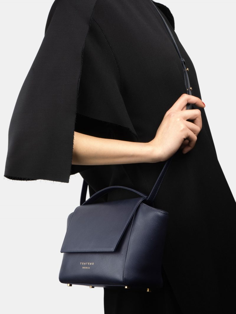 NEA 1 shoulder bag in navy blue calfskin leather | TSATSAS