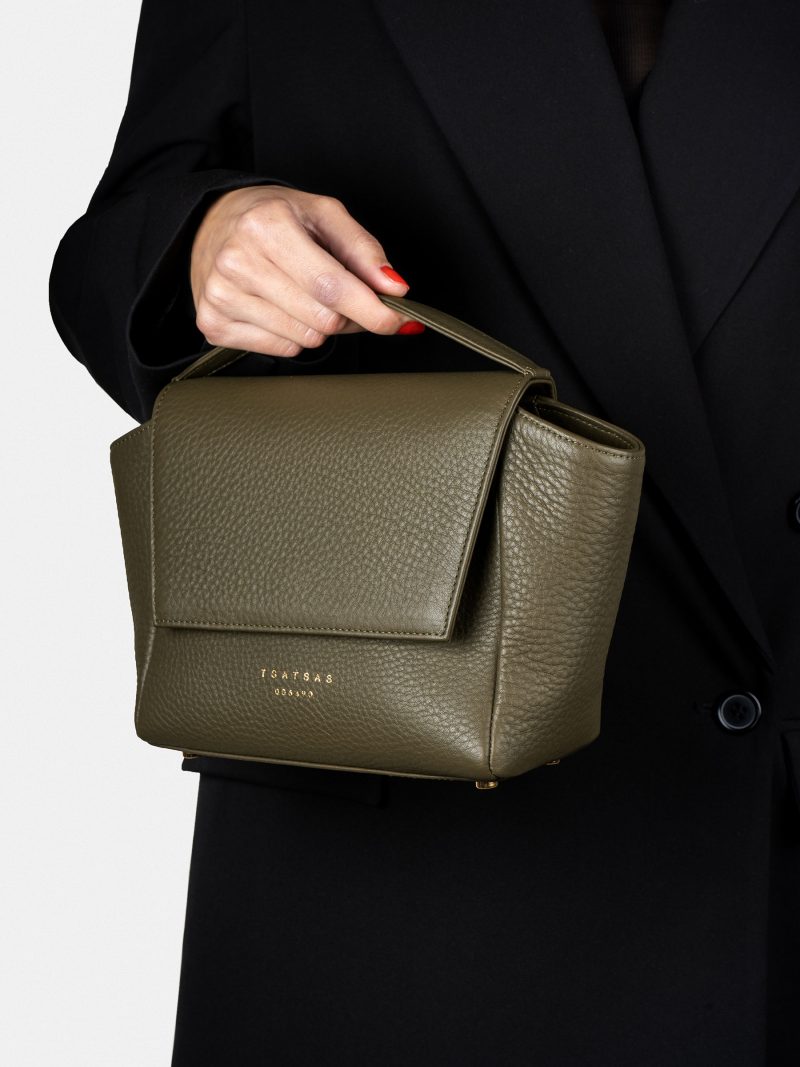 NEA 1 shoulder bag in khaki green calfskin leather | TSATSAS