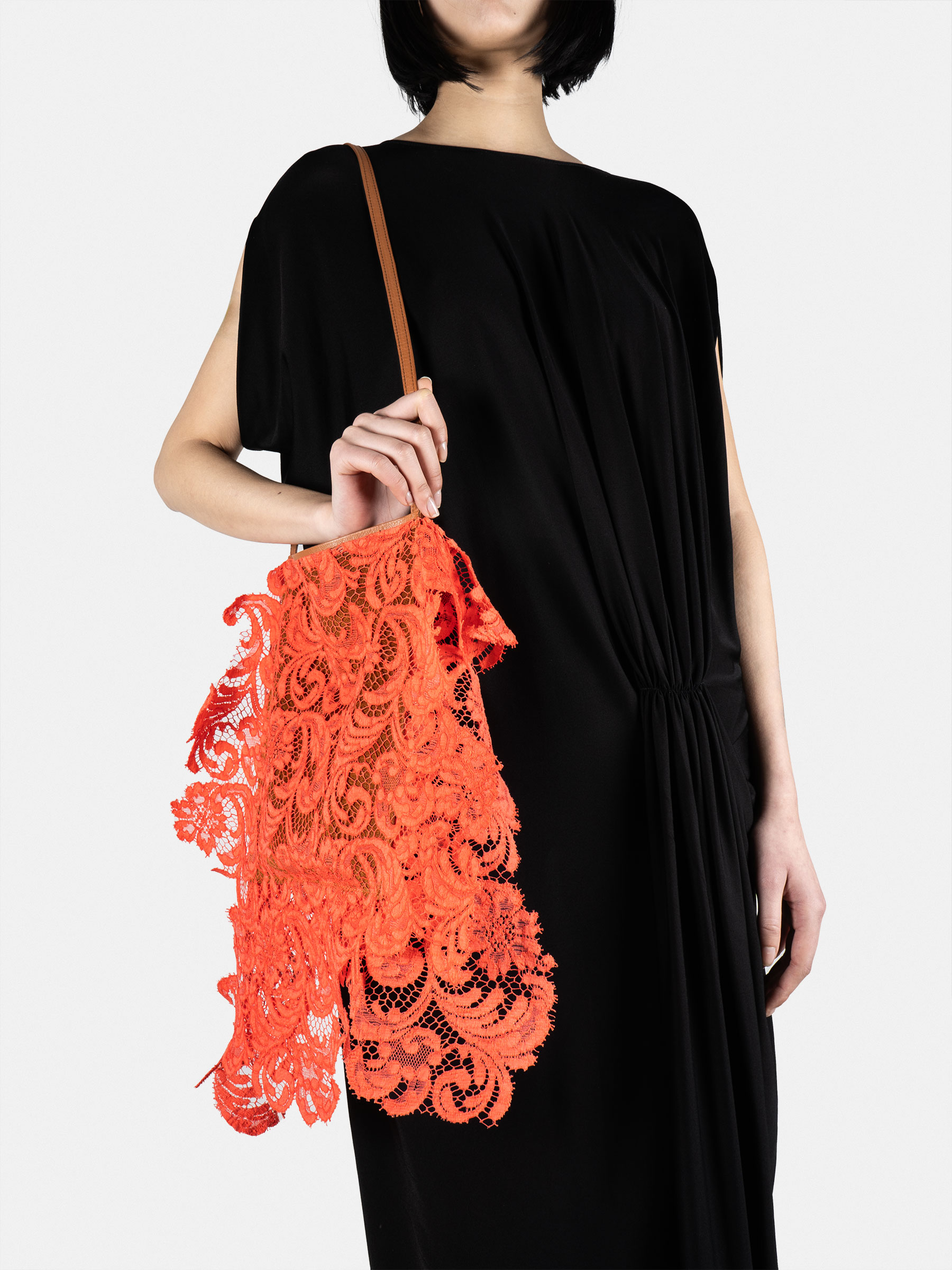 TSATSAS KOSTAS MURKUDIS Session 01 — TKM_S01_LACE_SHOULDER_BAG in coral lace and tan calfskin leather | TSATSAS