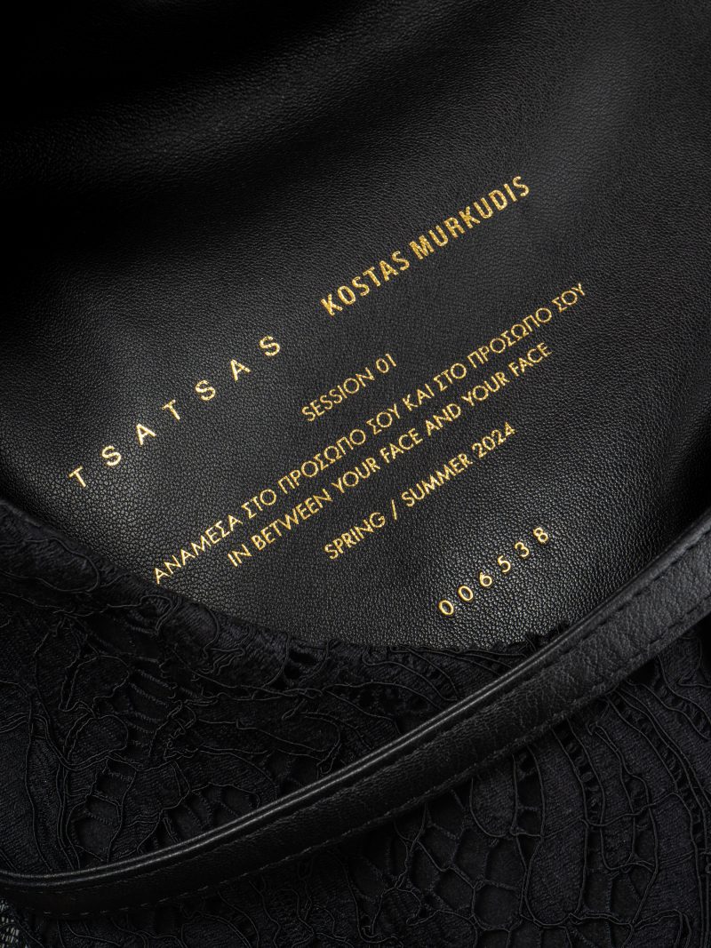 TSATSAS KOSTAS MURKUDIS Session 01 — TKM_S01_SOFT_TOTE in black lace and black calfskin leather | TSATSAS
