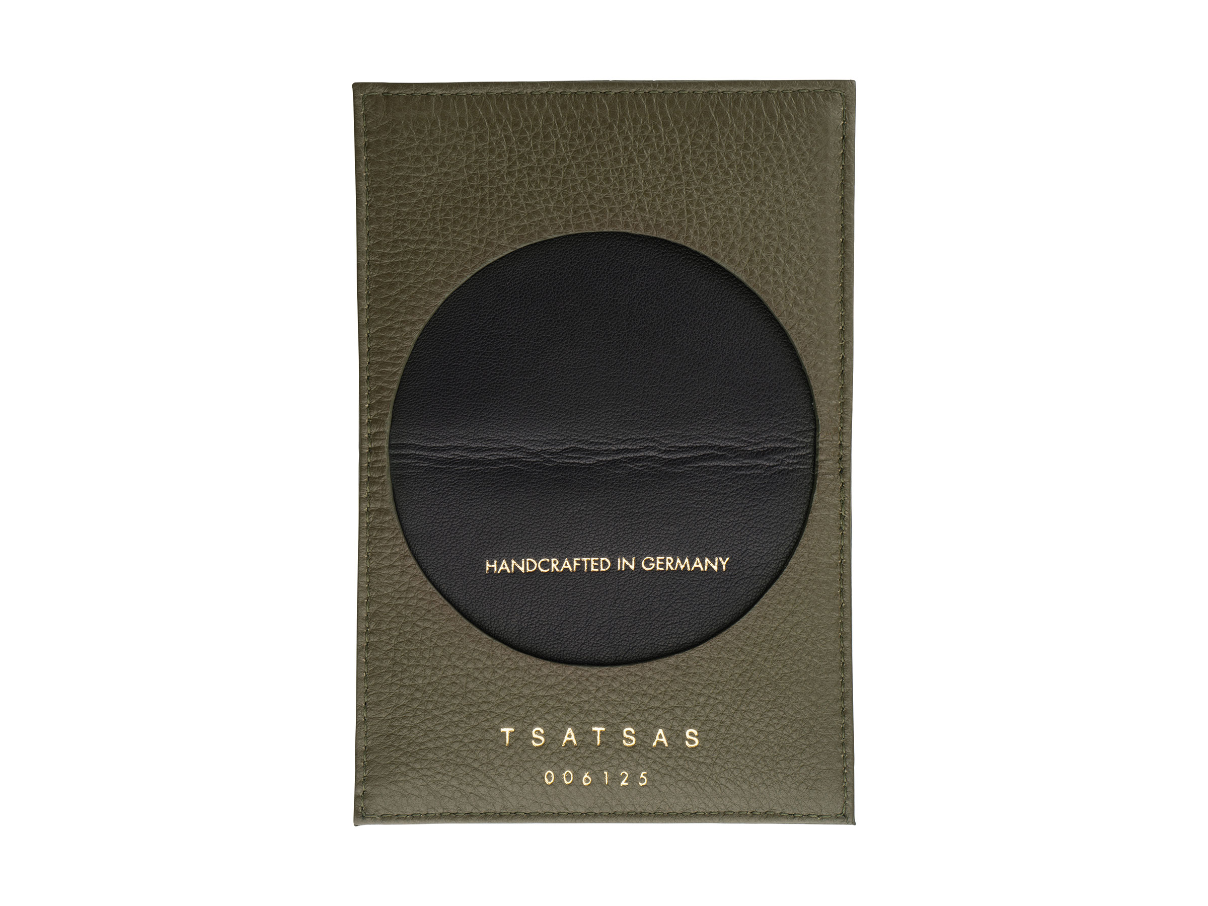 VOID card holder in khaki green calfskin leather with contrasting black lamb nappa leather | TSATSAS