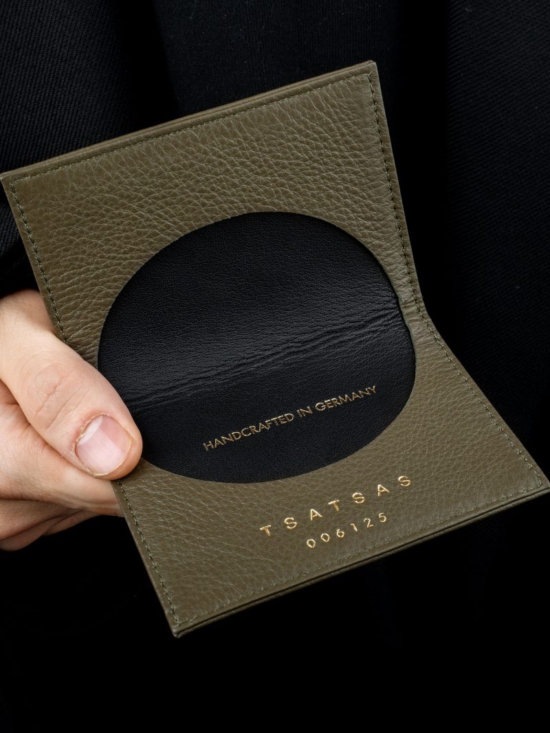 VOID card holder in khaki green calfskin leather with contrasting black lamb nappa leather | TSATSAS