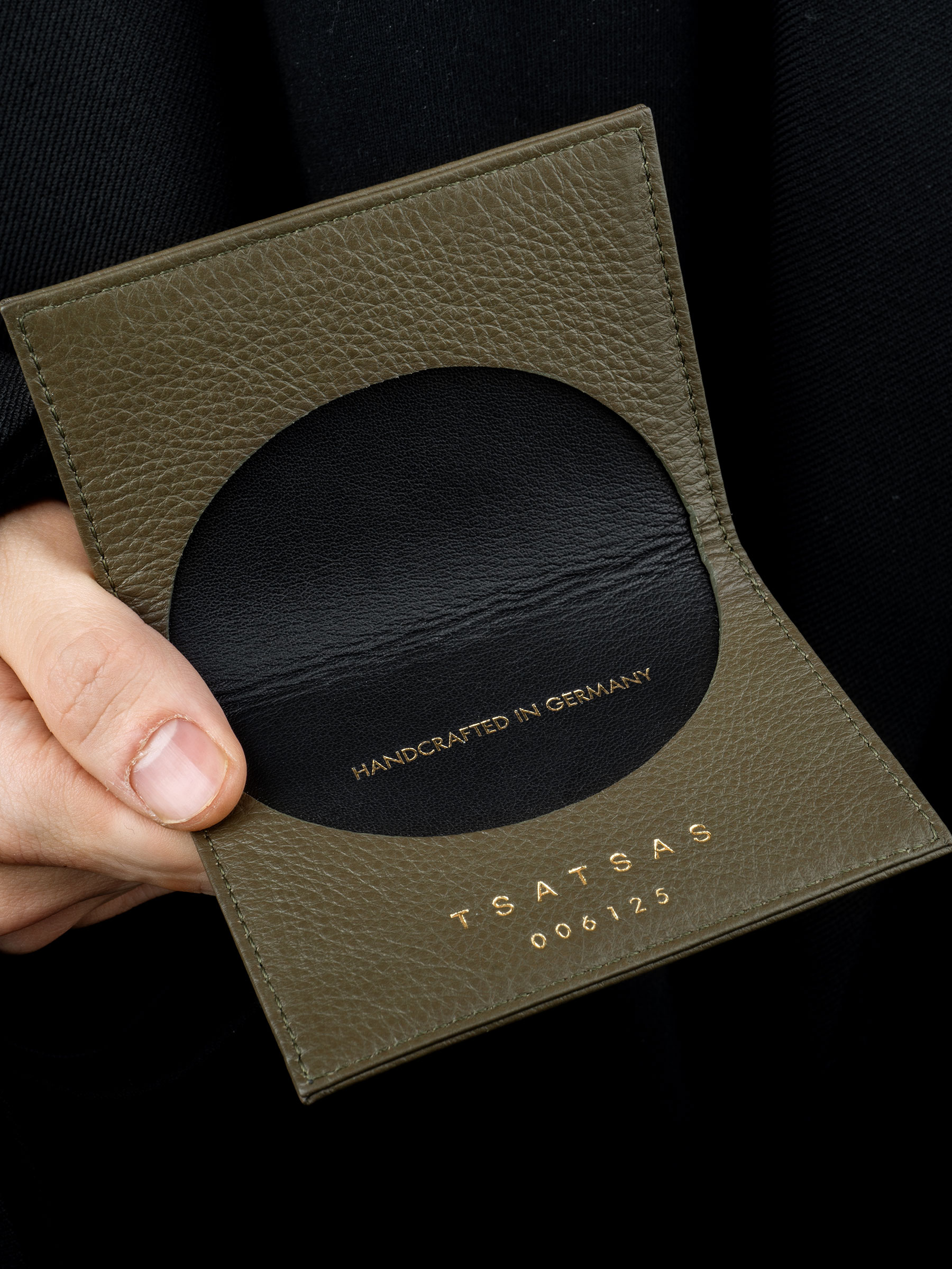 VOID card holder in khaki green calfskin leather with contrasting black lamb nappa leather | TSATSAS