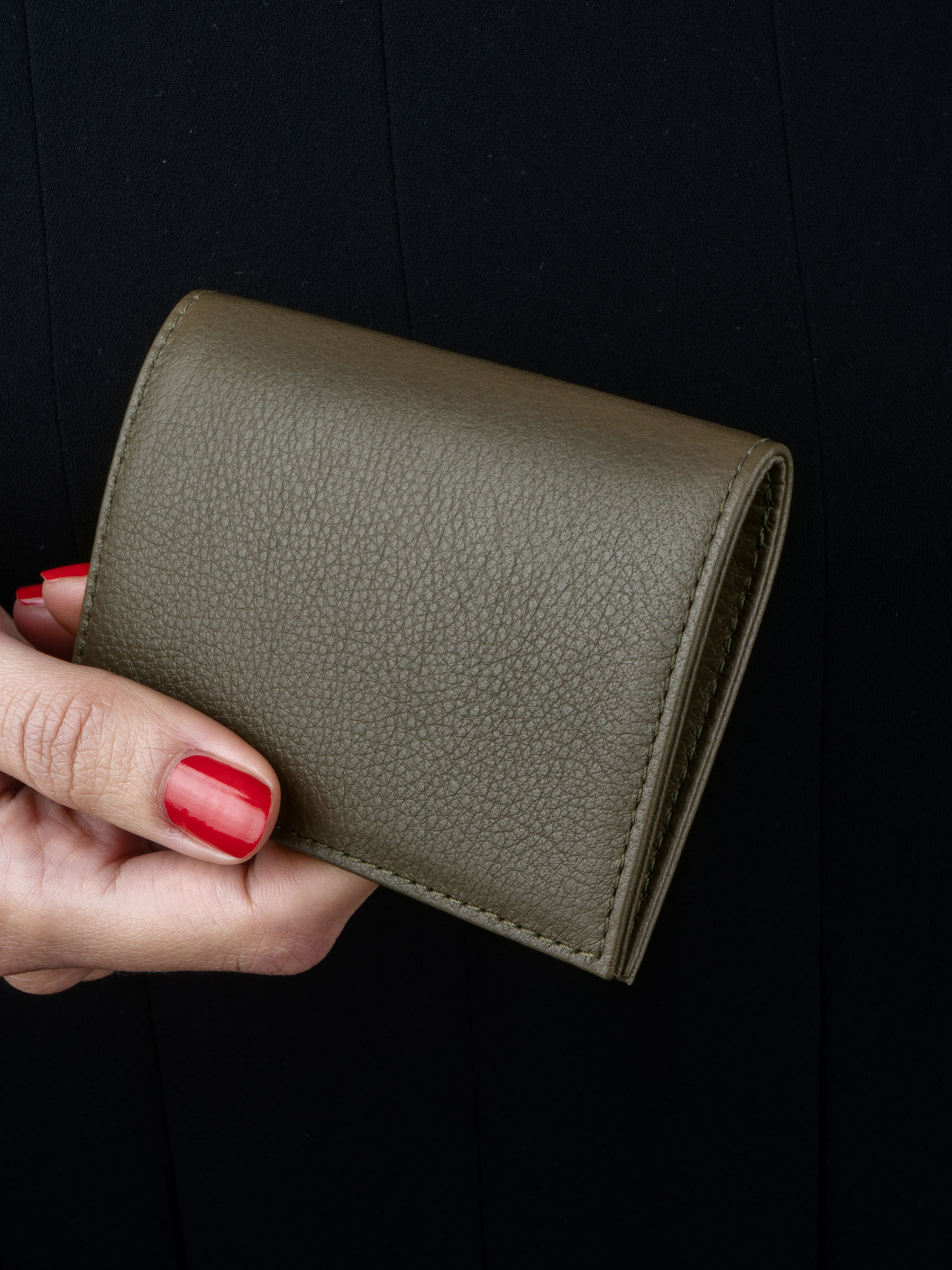 VOID card holder in khaki green calfskin leather with contrasting black lamb nappa leather | TSATSAS