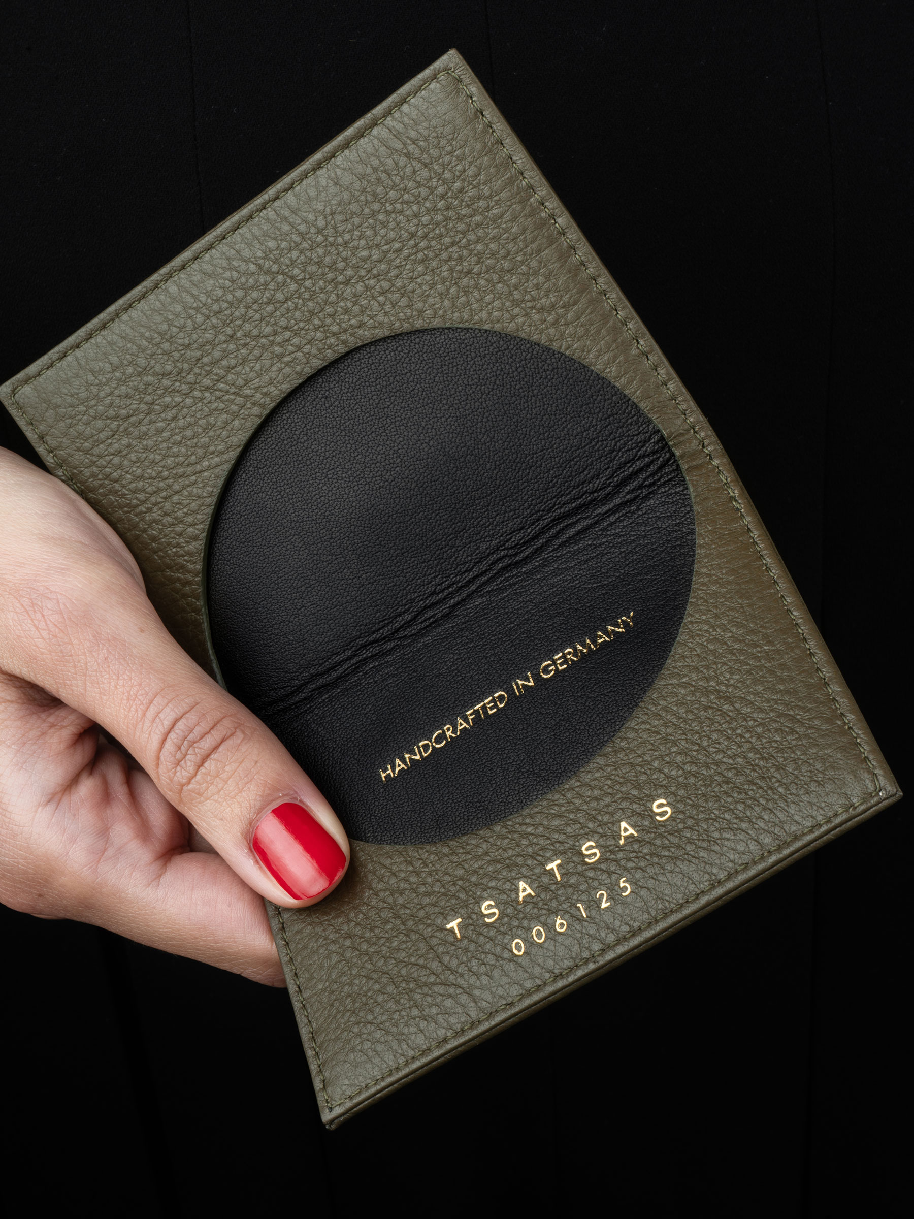 VOID card holder in khaki green calfskin leather with contrasting black lamb nappa leather | TSATSAS