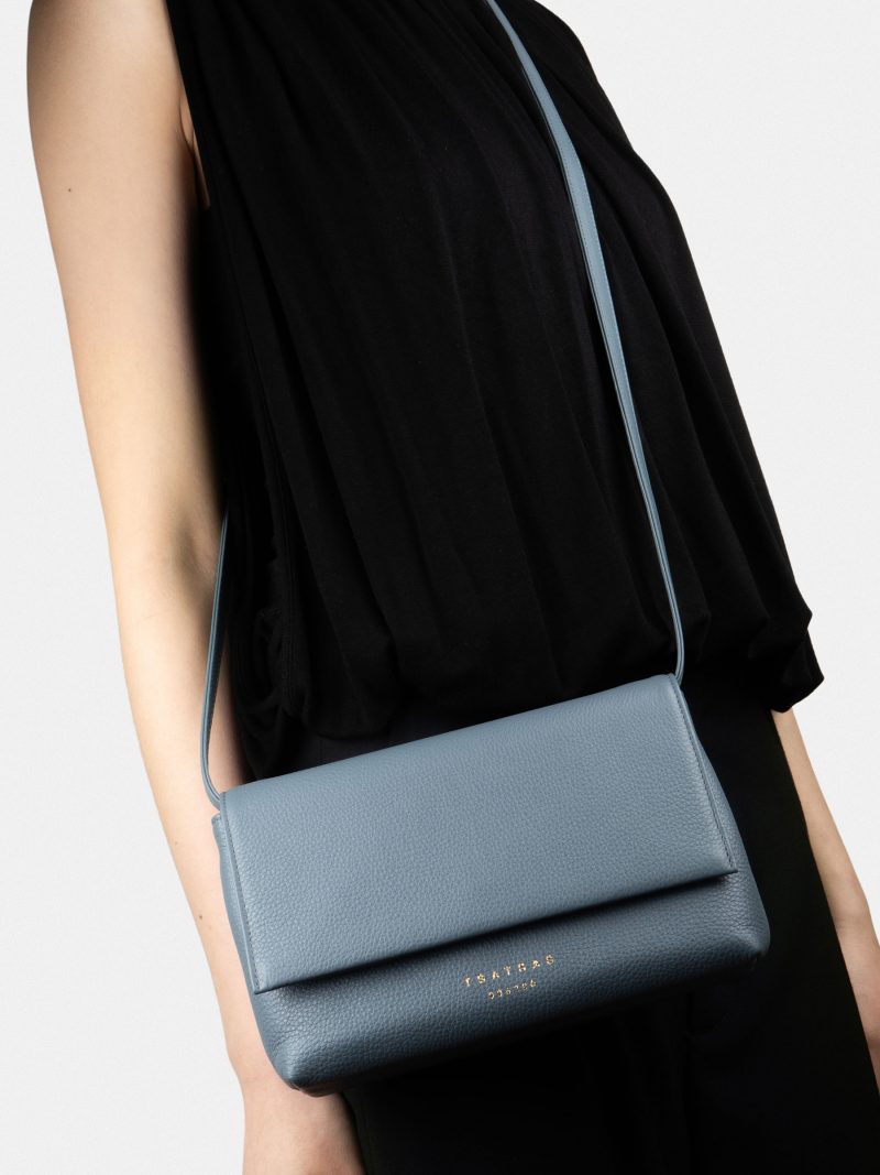 AMOS shoulder bag in slate blue calfskin leather | TSATSAS
