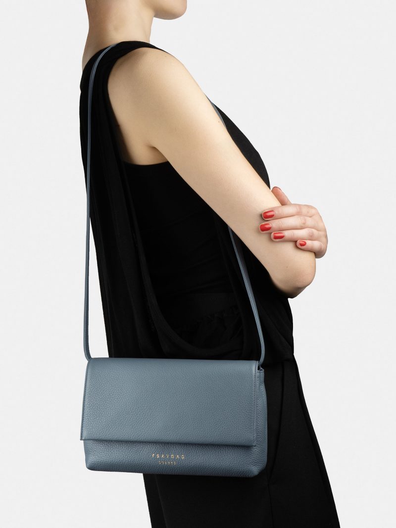 AMOS shoulder bag in slate blue calfskin leather | TSATSAS