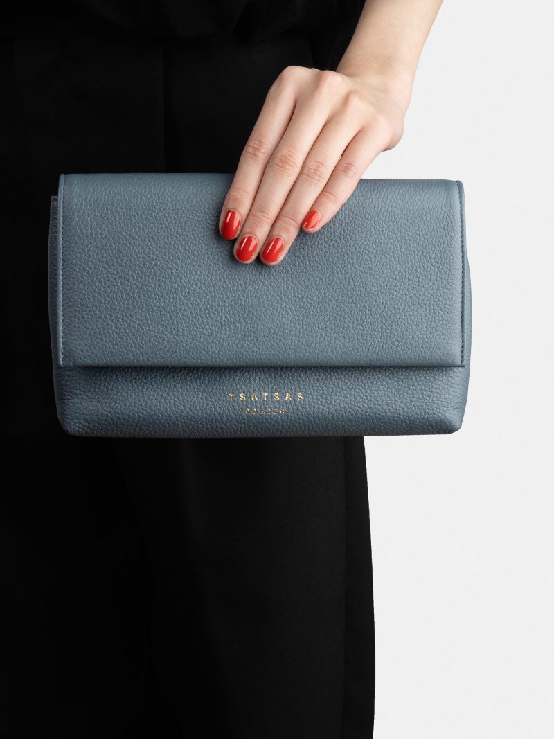 AMOS shoulder bag in slate blue calfskin leather | TSATSAS