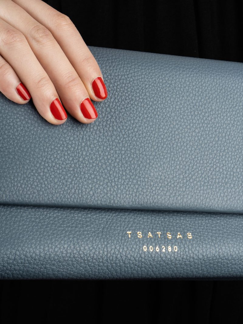 AMOS shoulder bag in slate blue calfskin leather | TSATSAS