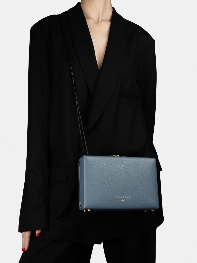 LINDEN 32 shoulder bag in slate blue calfskin leather | TSATSAS