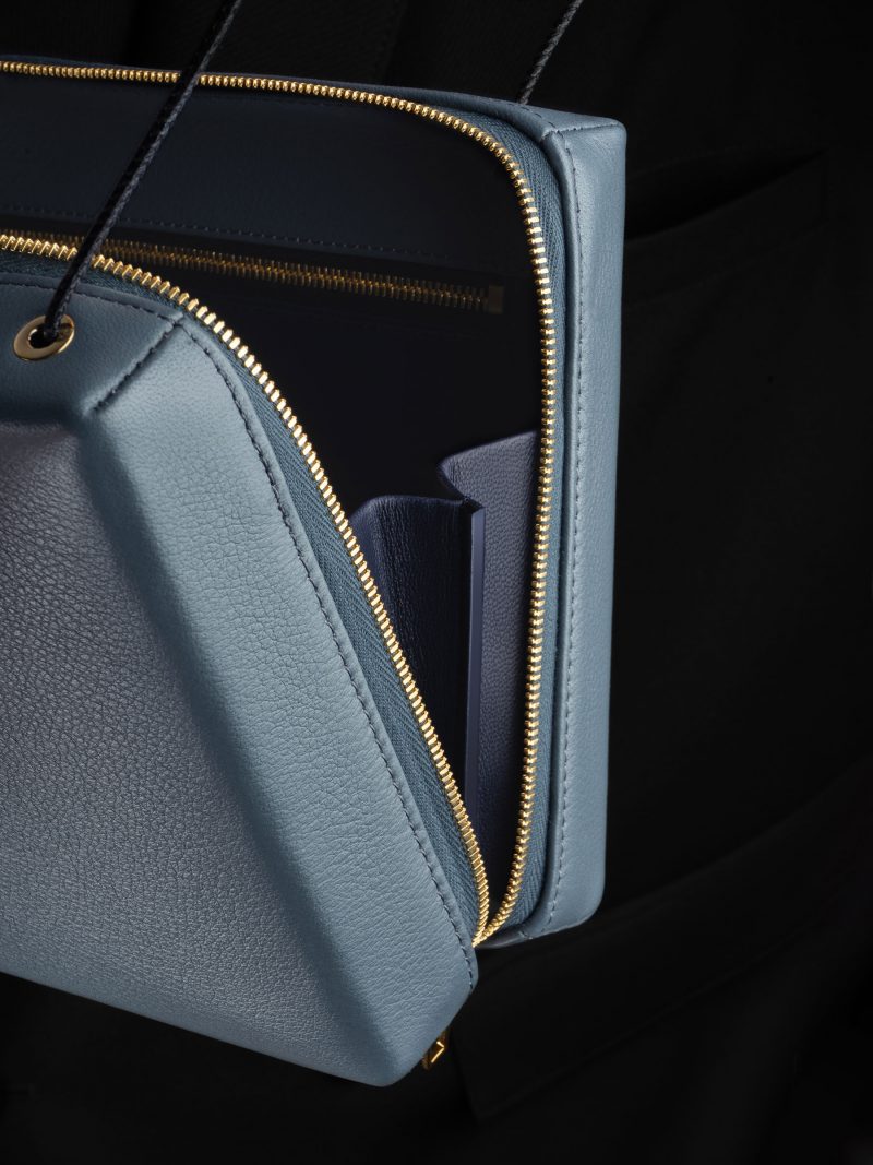 LINDEN 32 shoulder bag in slate blue calfskin leather | TSATSAS