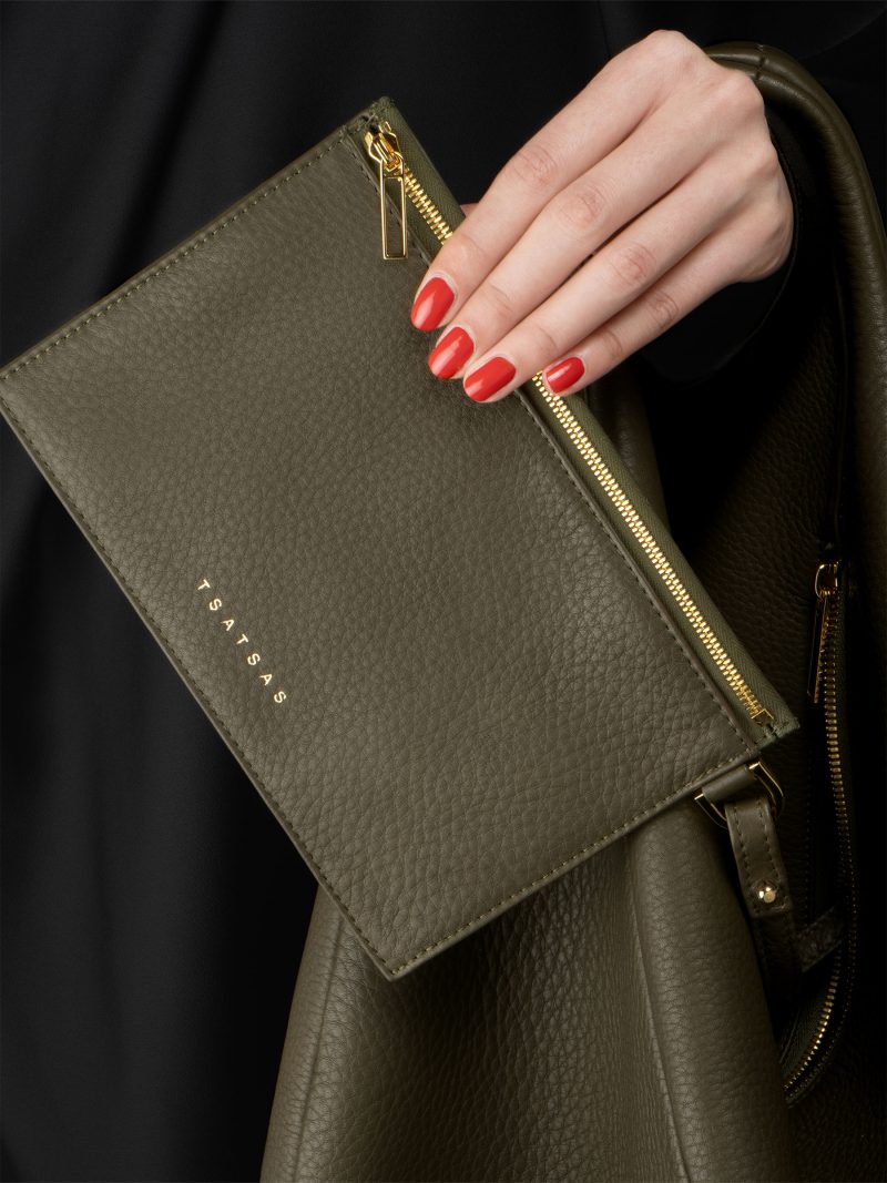 DANAIDE shoulder bag in khaki green calfskin leather | TSATSAS