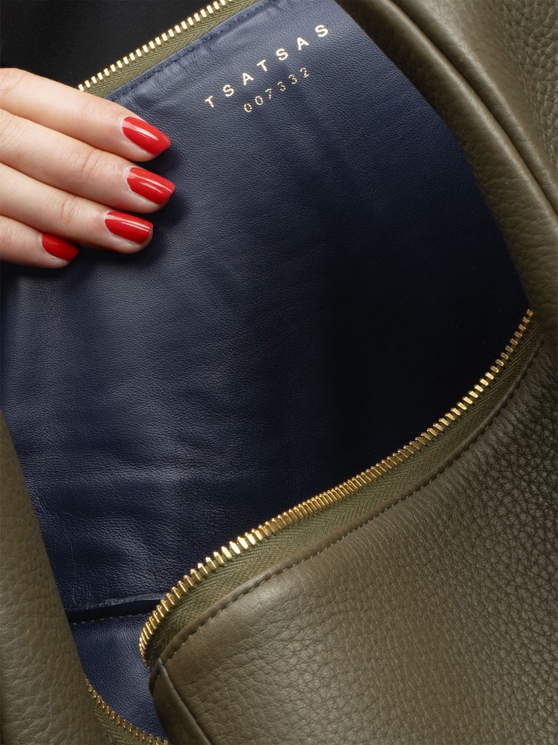 DANAIDE shoulder bag in khaki green calfskin leather | TSATSAS