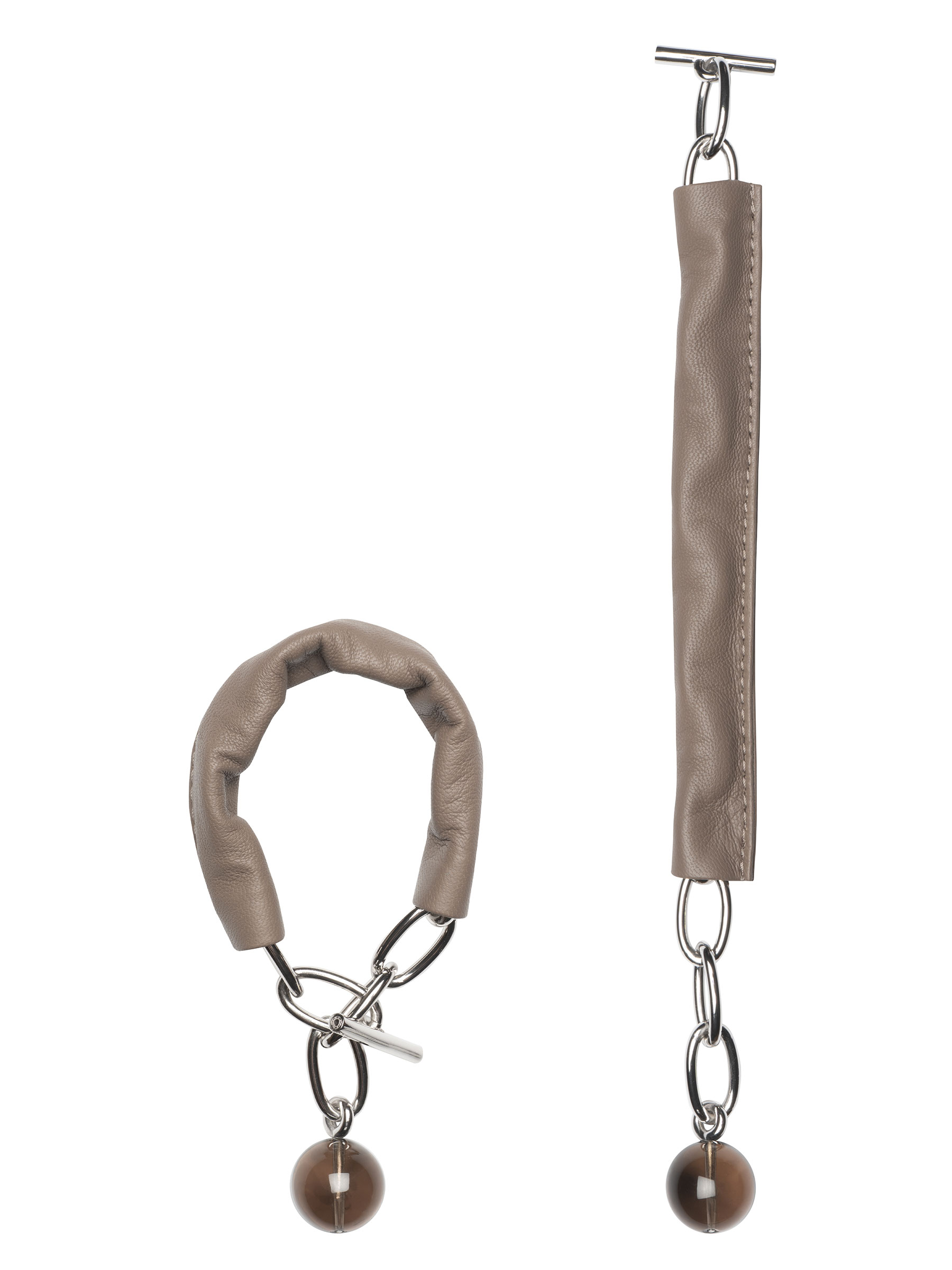 LATCH - Saskia Diez and TSATSAS - Bracelet in rhodium-plated brass with smoky quartz and taupe lamb nappa leather | TSATSAS