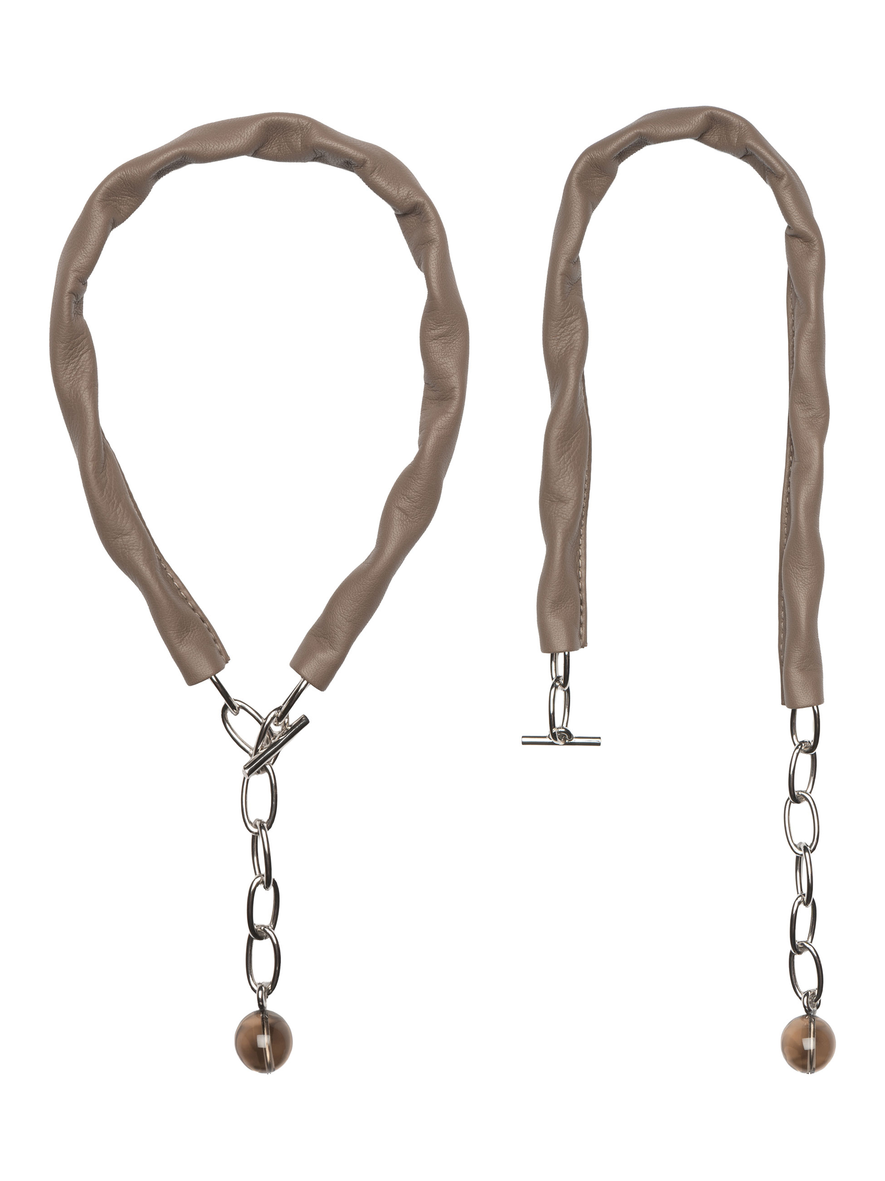 LATCH - Saskia Diez and TSATSAS - Necklace in rhodium-plated brass with smoky quartz and taupe lamb nappa leather | TSATSAS