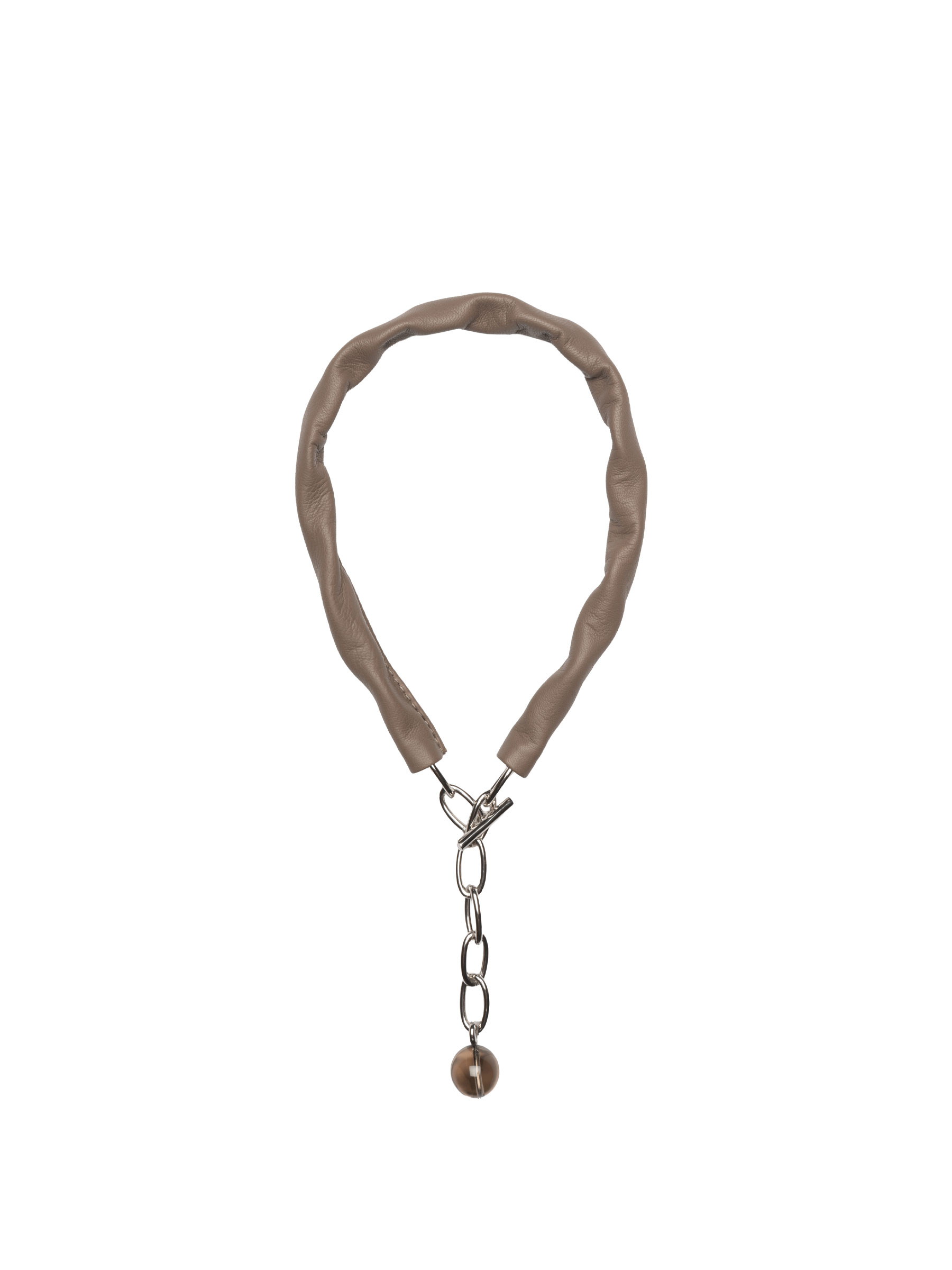 LATCH - Saskia Diez and TSATSAS - Necklace in rhodium-plated brass with smoky quartz and taupe lamb nappa leather | TSATSAS