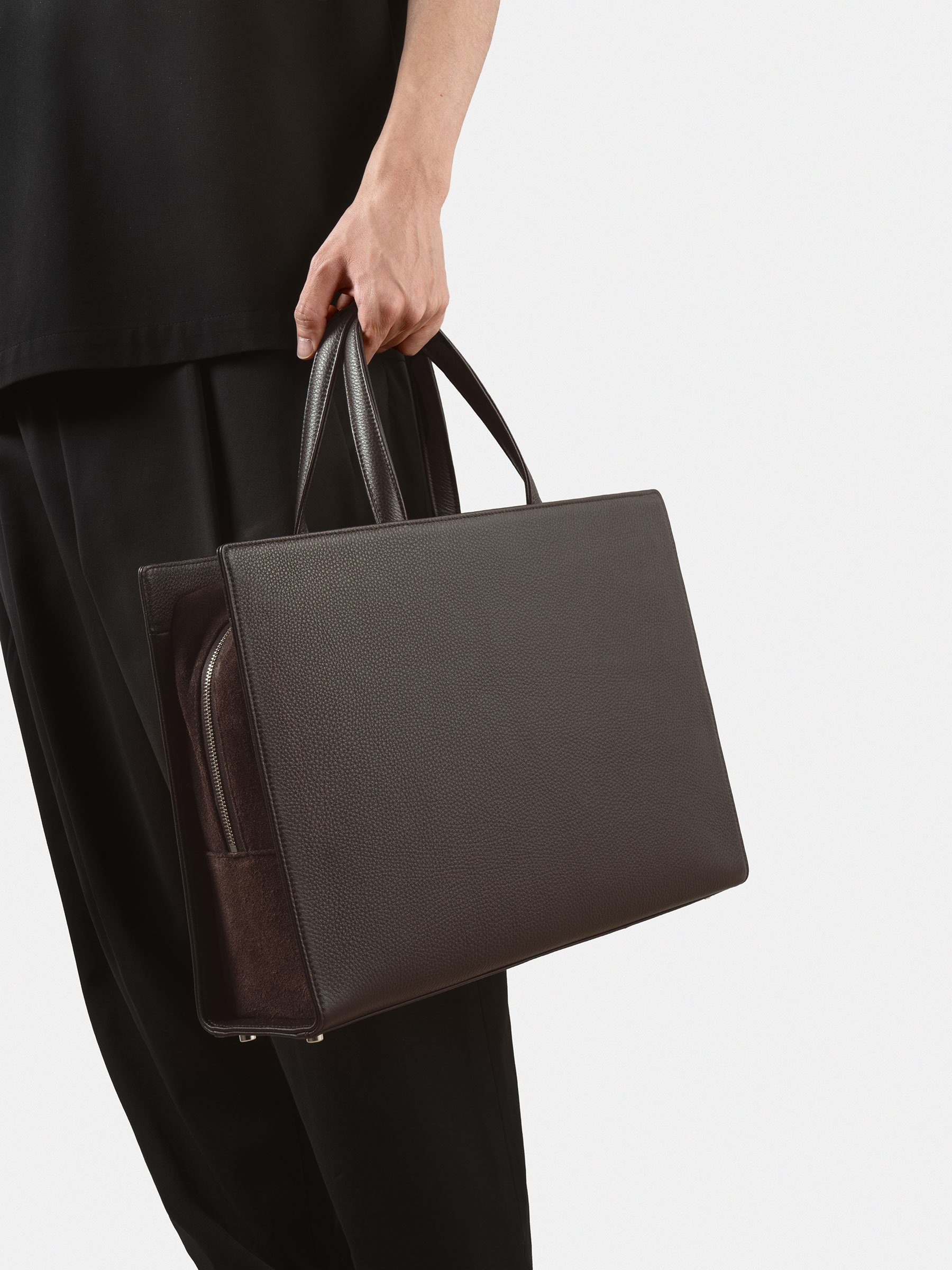 DELTOUR structured tote bag in dark brown calfskin leather | TSATSAS