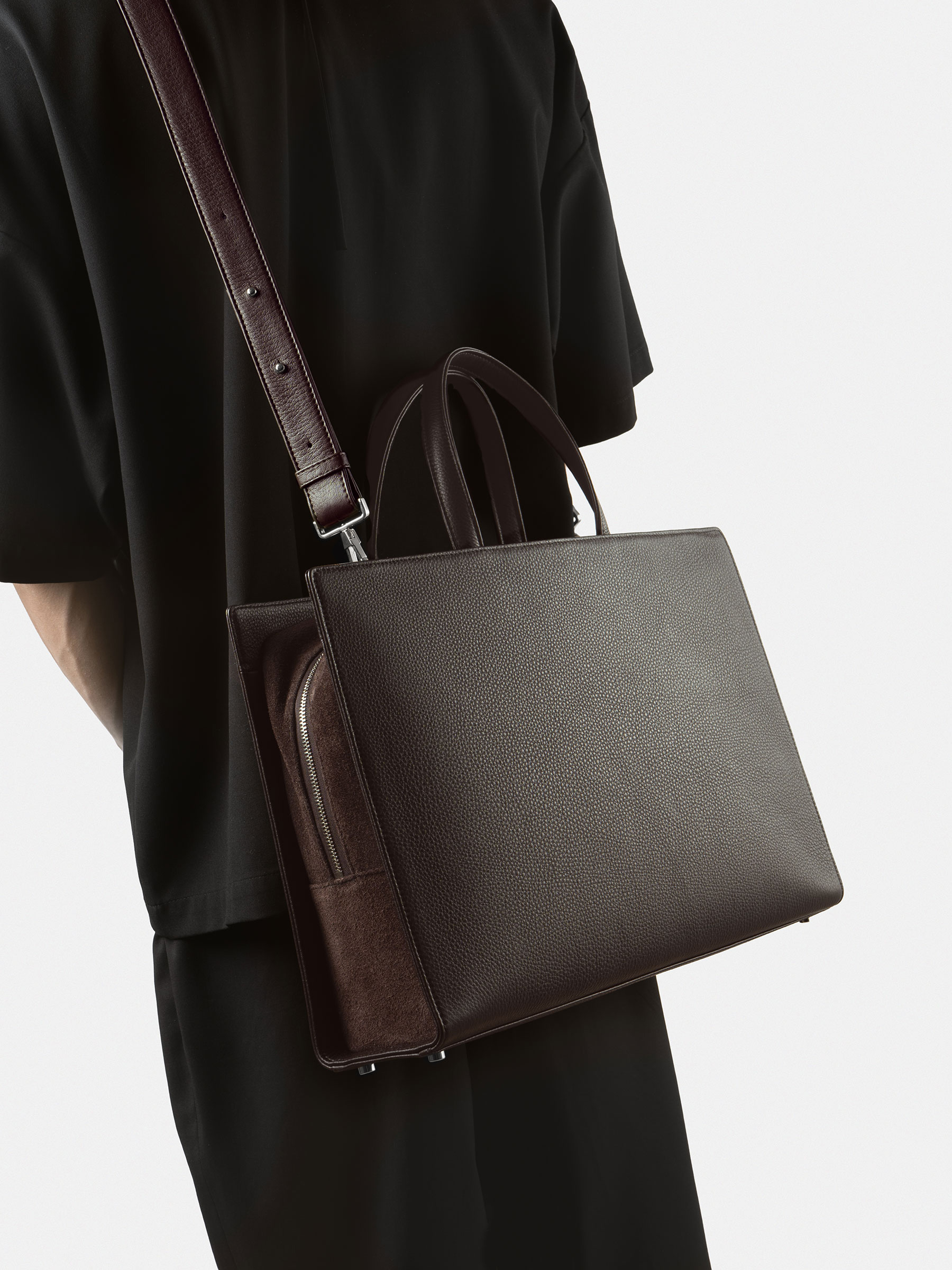 DELTOUR structured tote bag in dark brown calfskin leather | TSATSAS