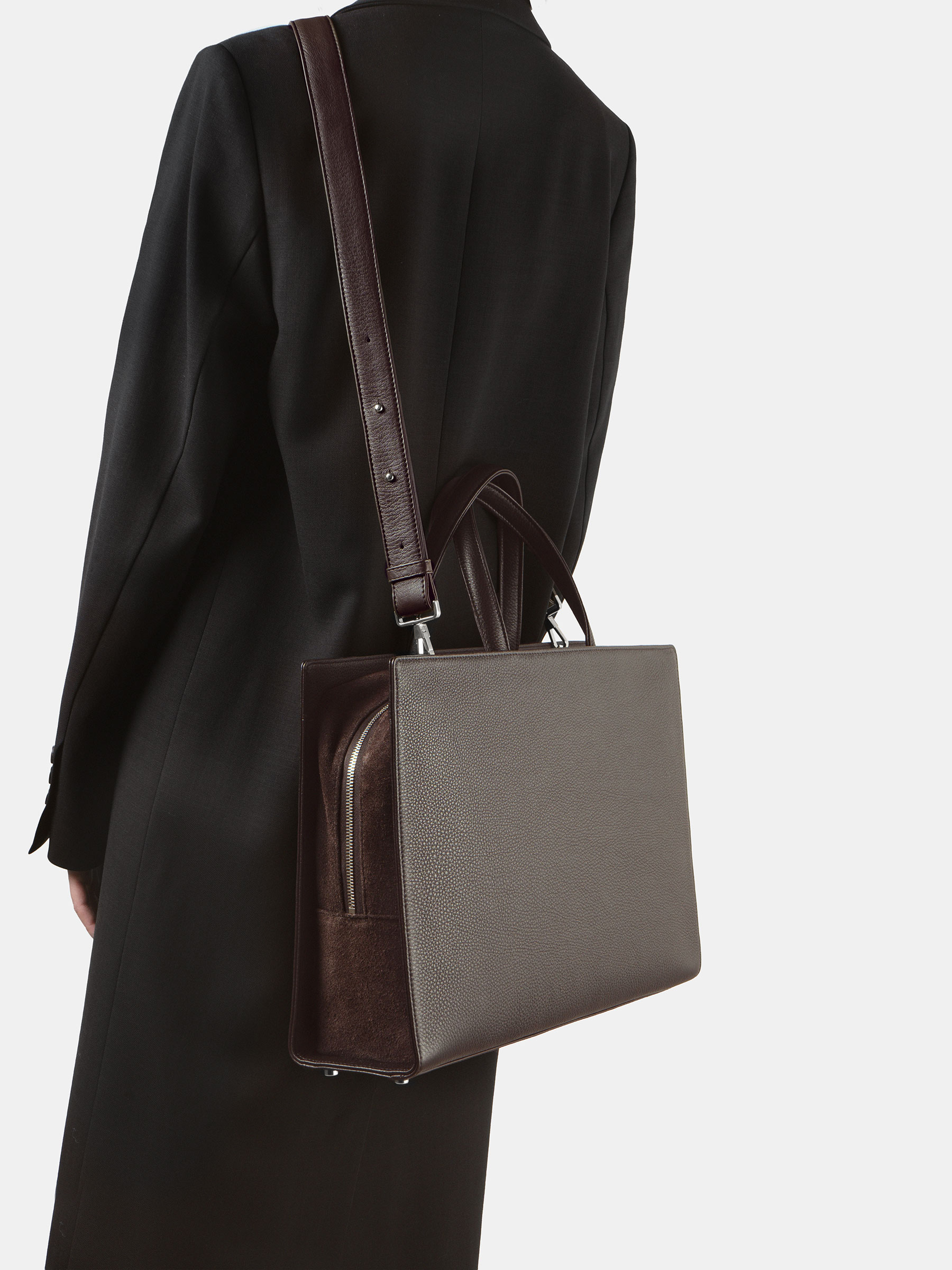 DELTOUR structured tote bag in dark brown calfskin leather | TSATSAS