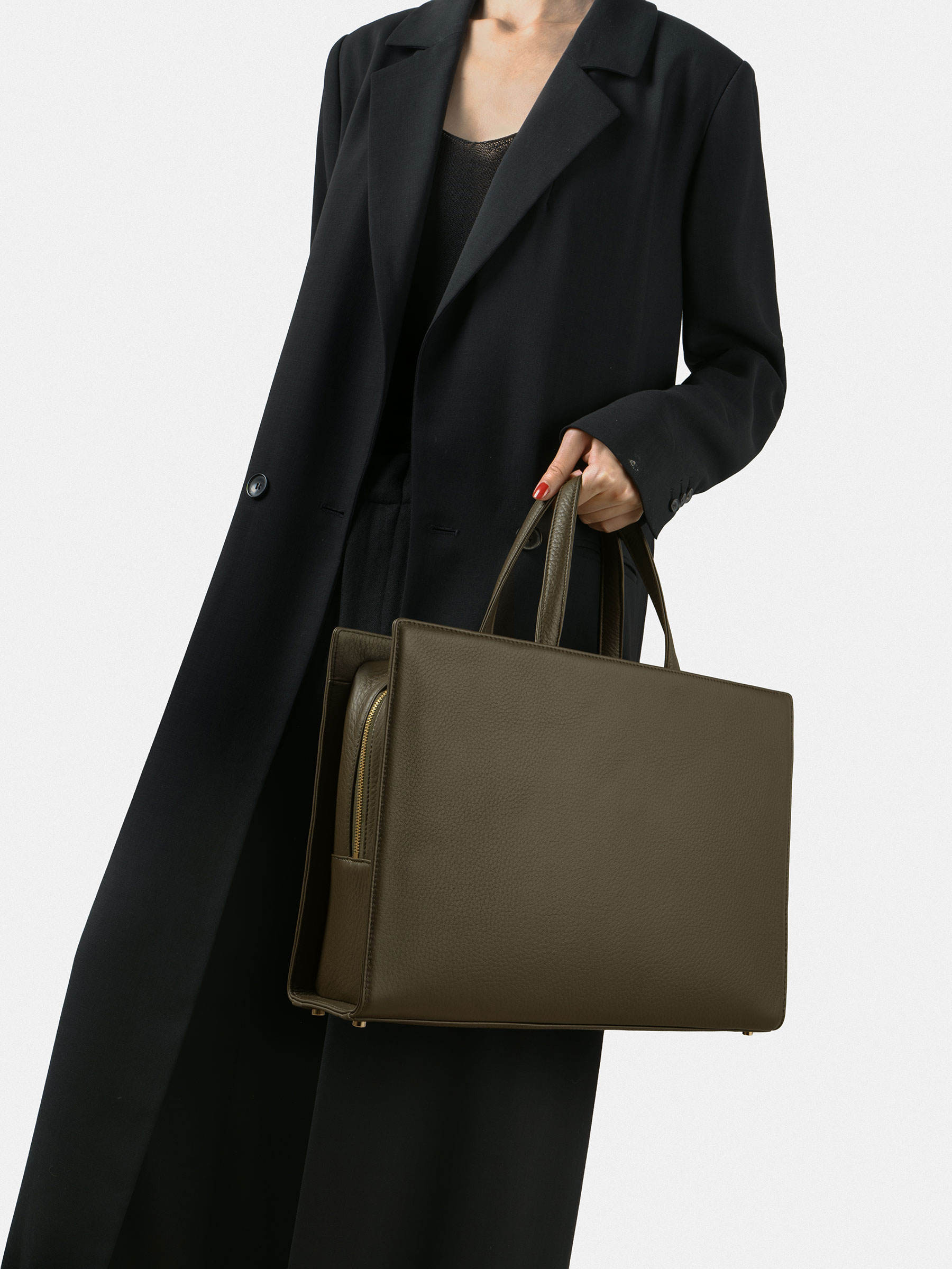 DELTOUR structured tote bag in khaki green calfskin leather | TSATSAS