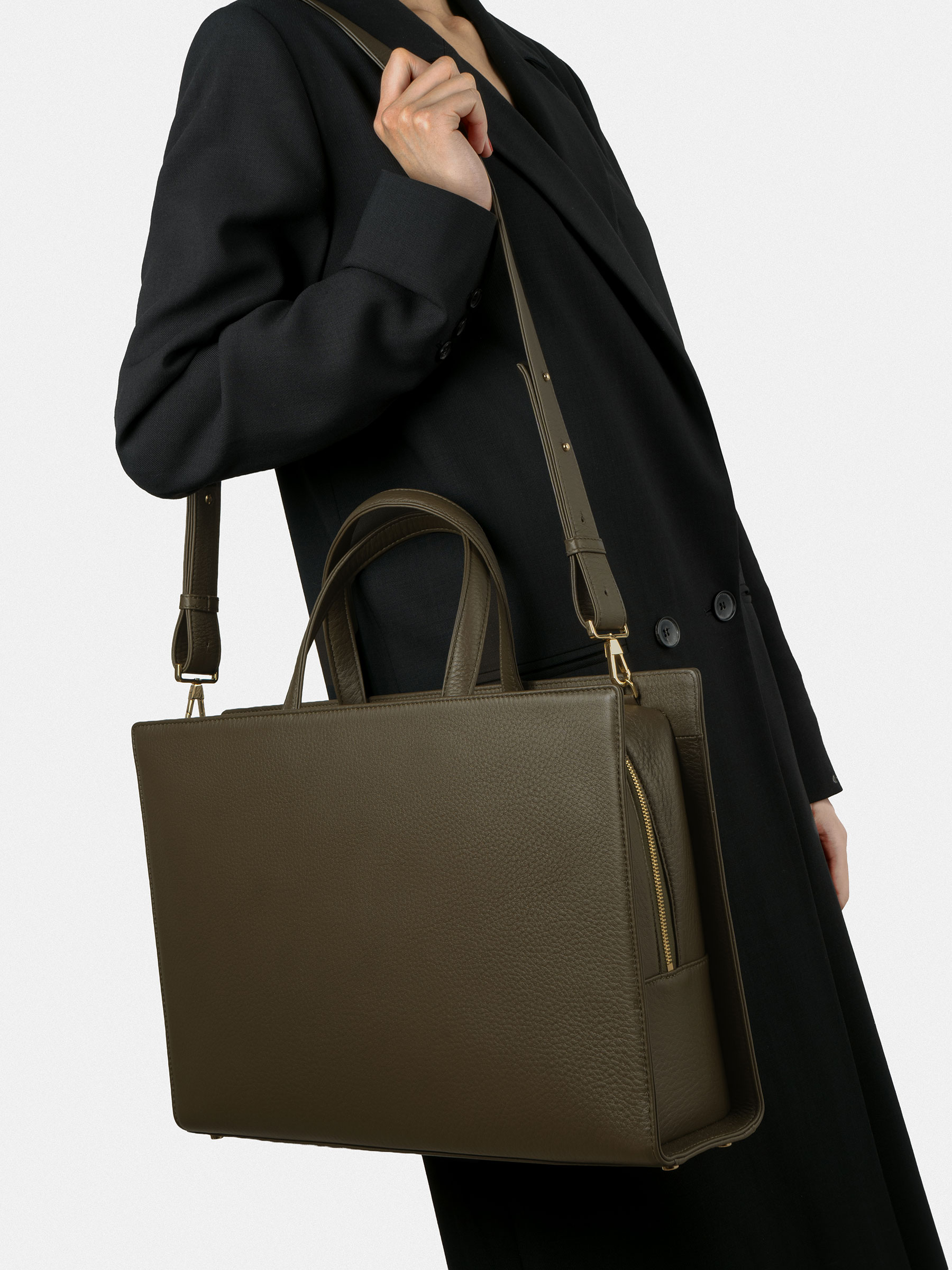 DELTOUR structured tote bag in khaki green calfskin leather | TSATSAS