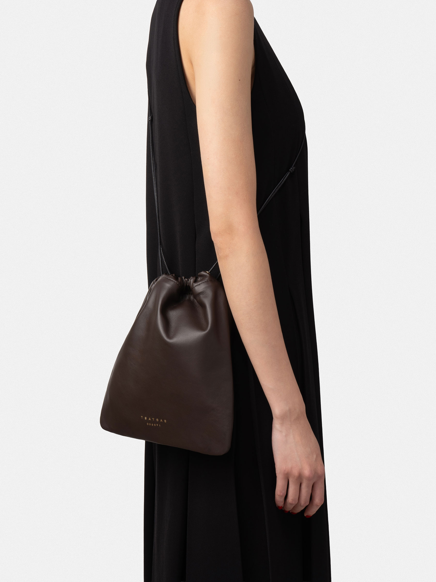 ENA drawstring pouch in dark brown lamb nappa | TSATSAS