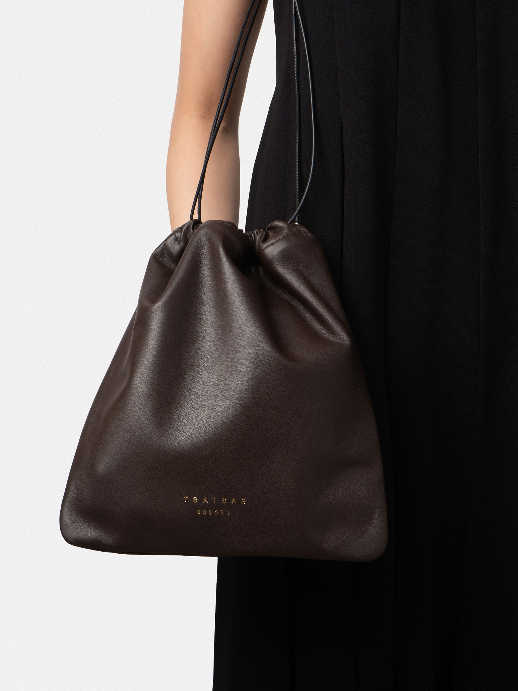ENA drawstring pouch in dark brown lamb nappa | TSATSAS