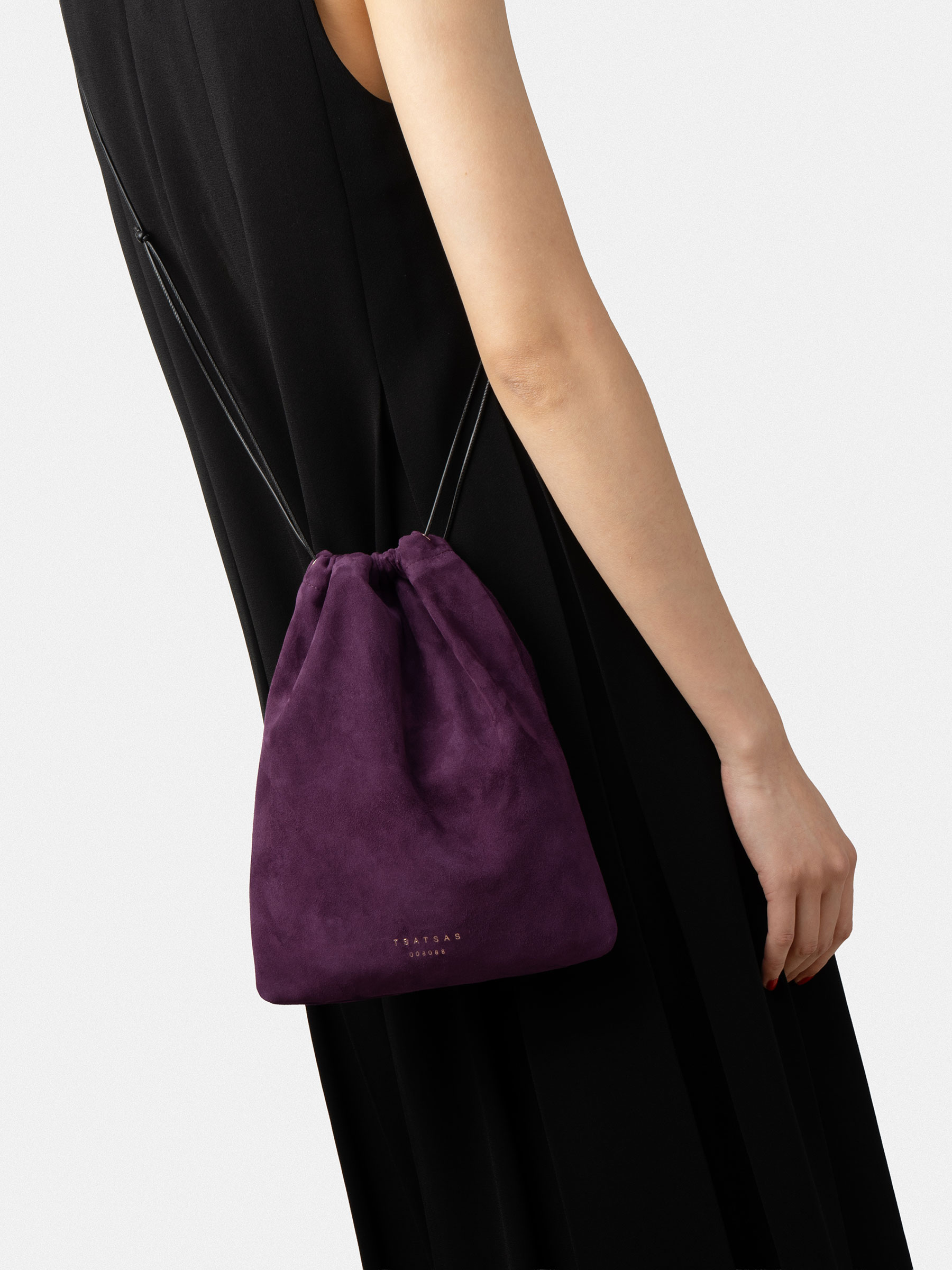 ENA drawstring pouch in grape goat suede | TSATSAS